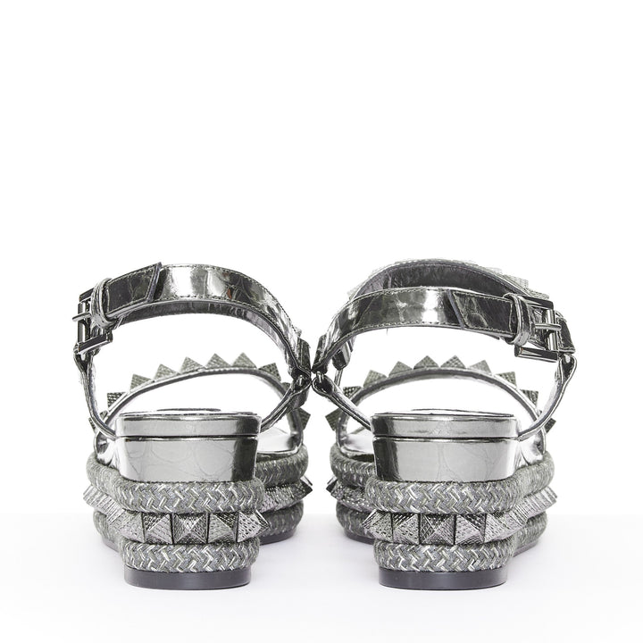 CHRISTIAN LOUBOUTIN Pyraclou 60 Anthracite silver studded espadrille sandal EU38
