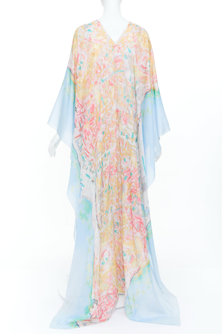 CHANEL 2011 Runway abstract watercolor silk cotton mix caftan maxi dress OS