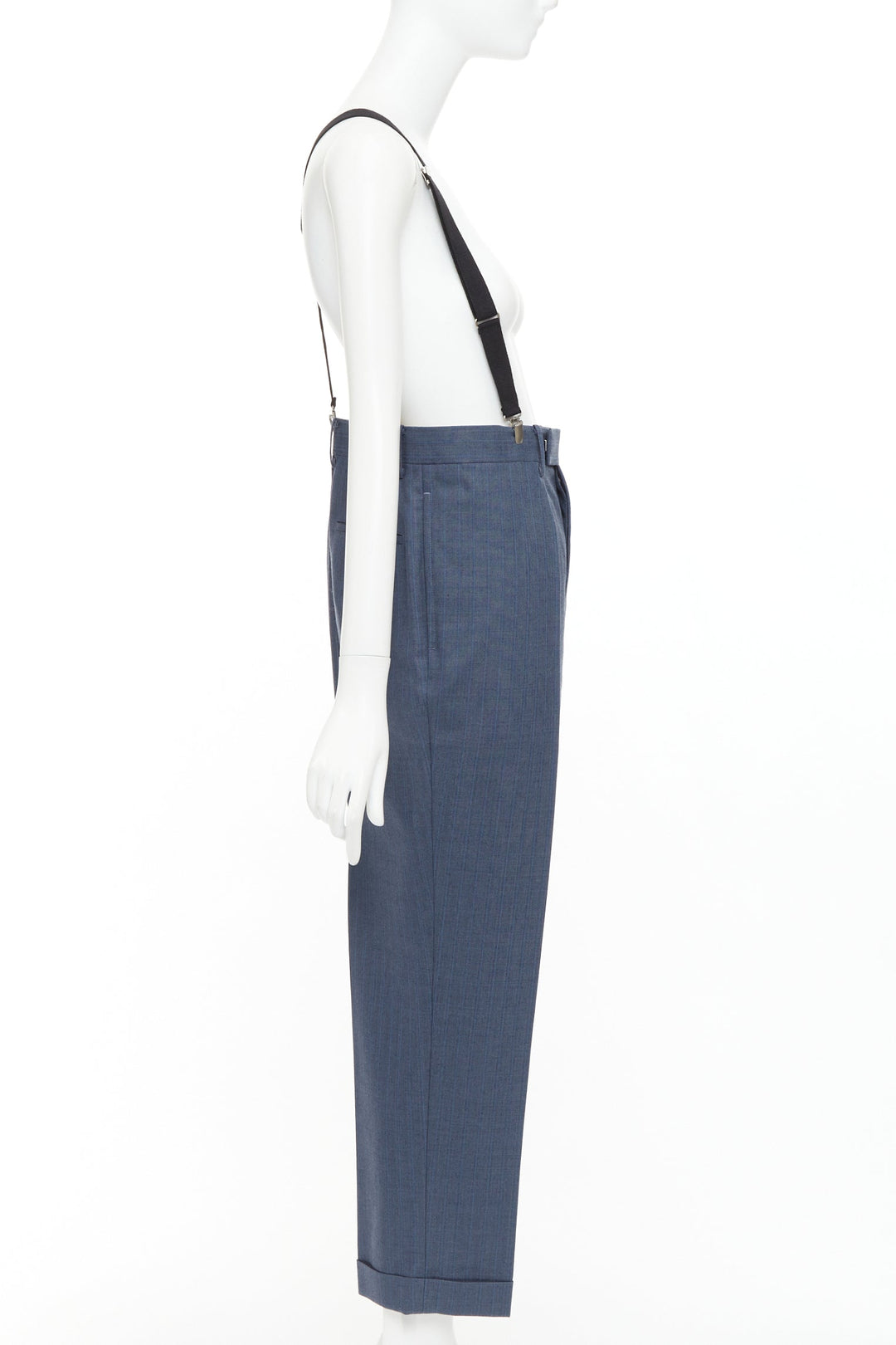 JUNYA WATANABE 2012 blue pinstripe black suspender high waisted harem pants M