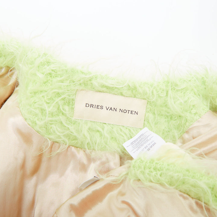 DRIES VAN NOTEN light green fuzzy mohair wool collarless loose open knit coat S