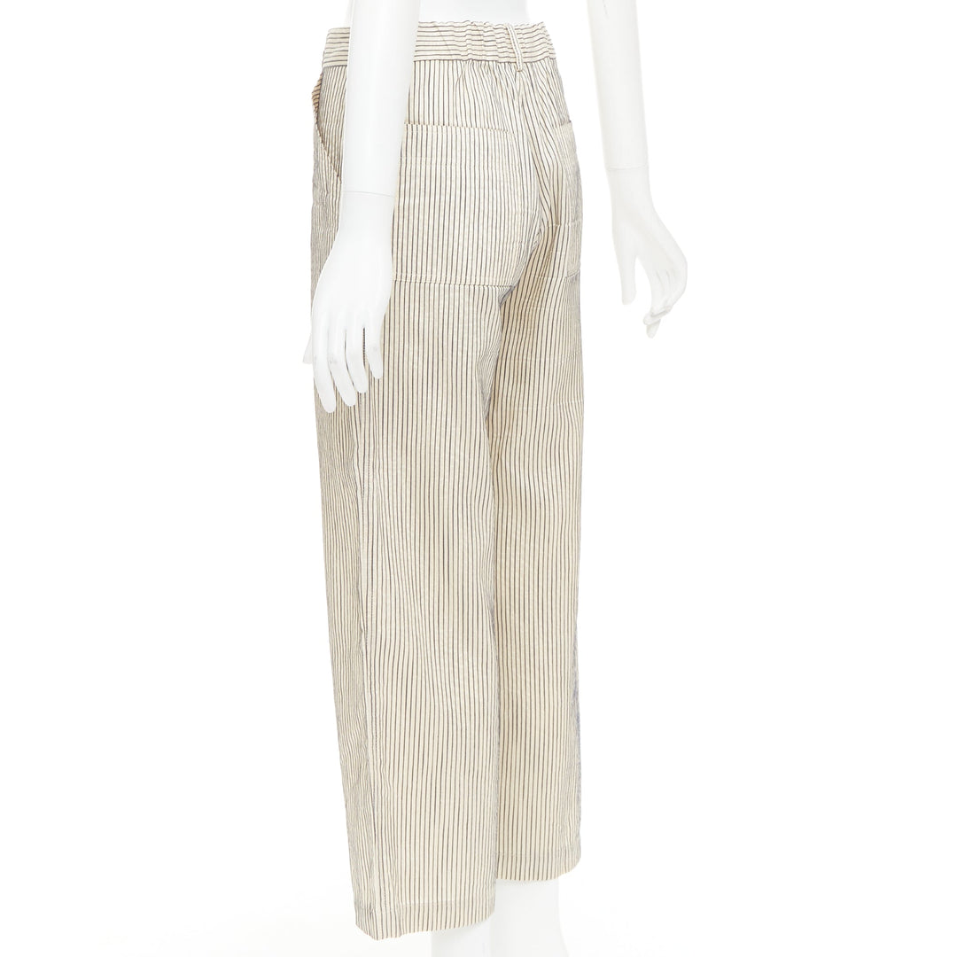 CHRISTIAN DIOR beige navy silk cotton striped cropped wide pants FR36 S