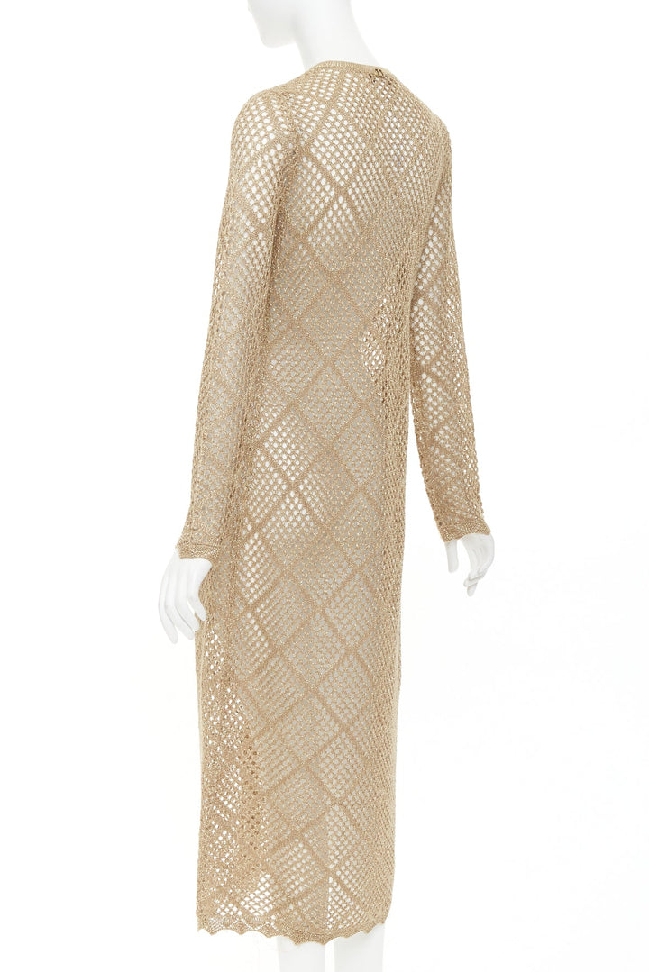 TWINSET 2024  metallic gold lurex mesh diamond open knit lace long cardigan M