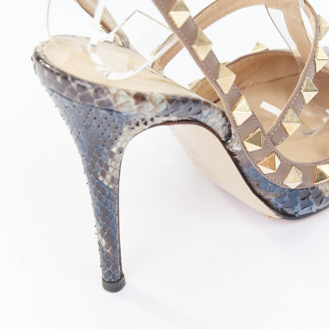VALENTINO Rockstud python leather beige cage ankle strap stiletto pumps EU37