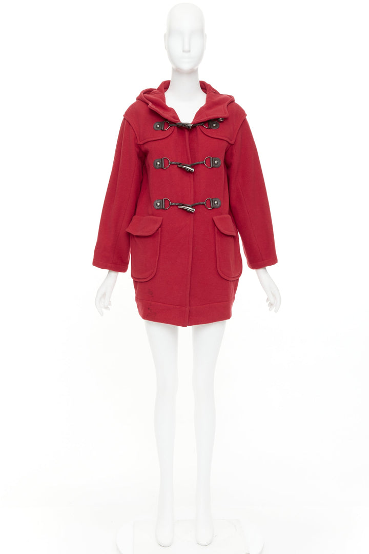 LANVIN EN BLEU red wool blend black brown toggle leather pea coat FR36 S