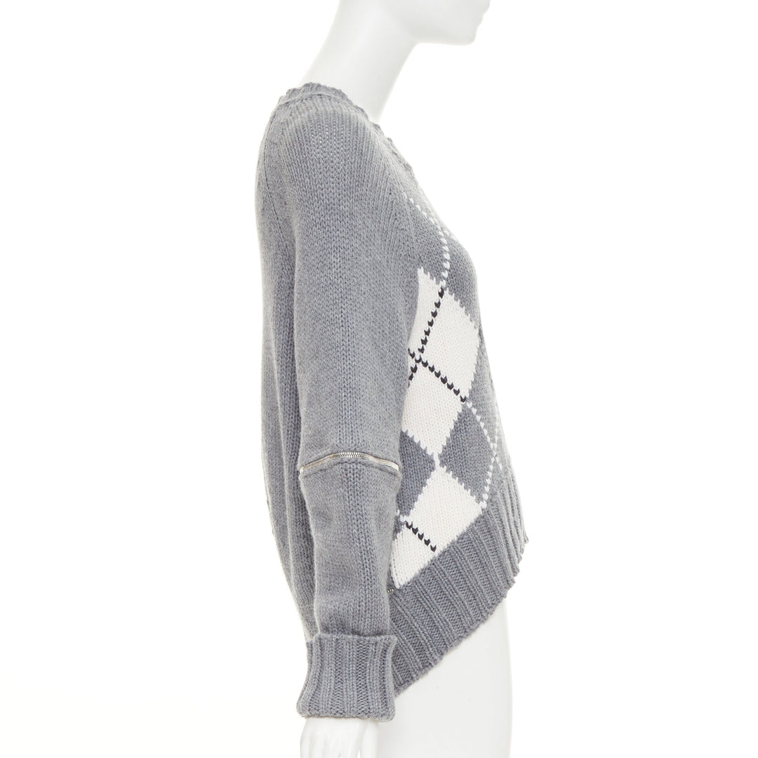 ALEXANDER MCQUEEN 2017 grey wool argyle intarsia zipper trim high low sweater S