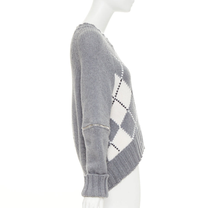 ALEXANDER MCQUEEN 2017 grey wool argyle intarsia zipper trim high low sweater S