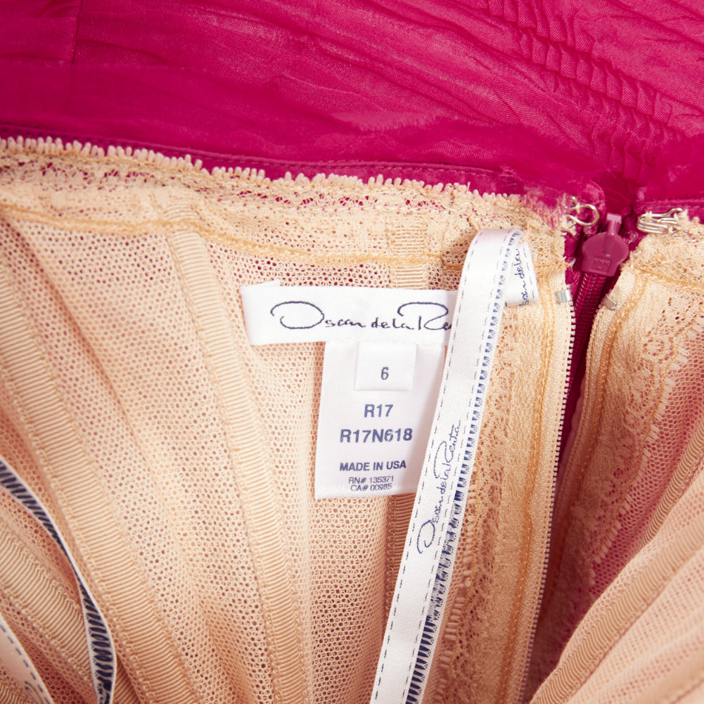 OSCAR DE LA RENTA R17 raspberry pleated silk strapless midi dress US6 M