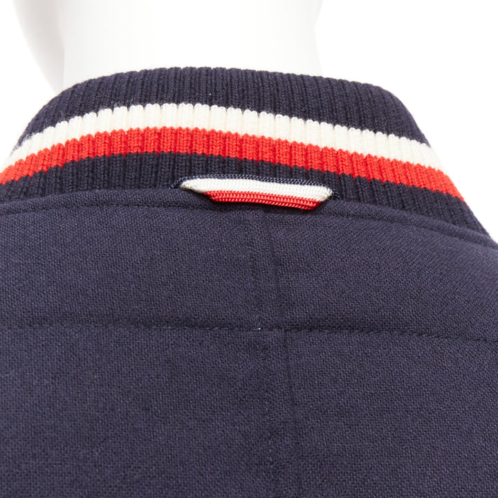 MONCLER GAMME BLEU navy wool leather sleeves goose down bomber jacket Sz2 M