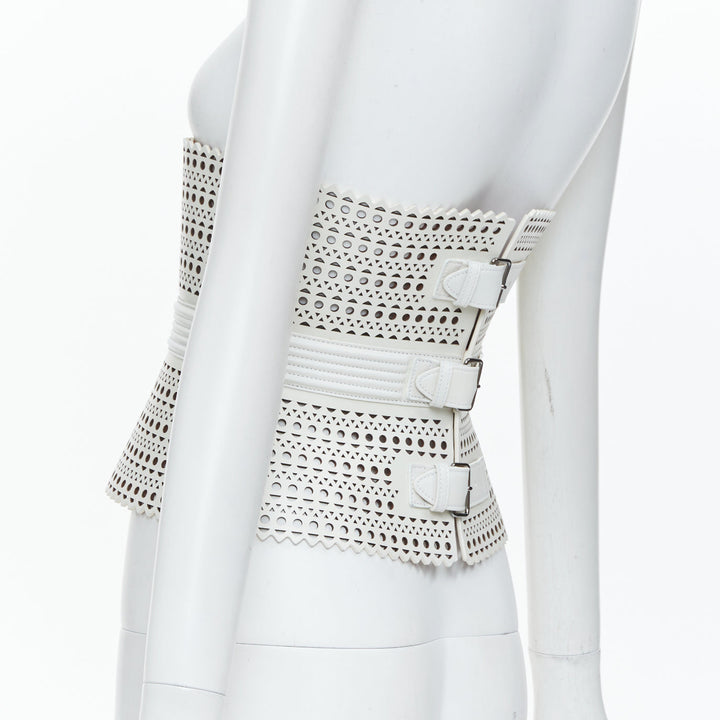 ALAIA Runway Le Corset Vienne laser cut white calfskin leather belt 65cm