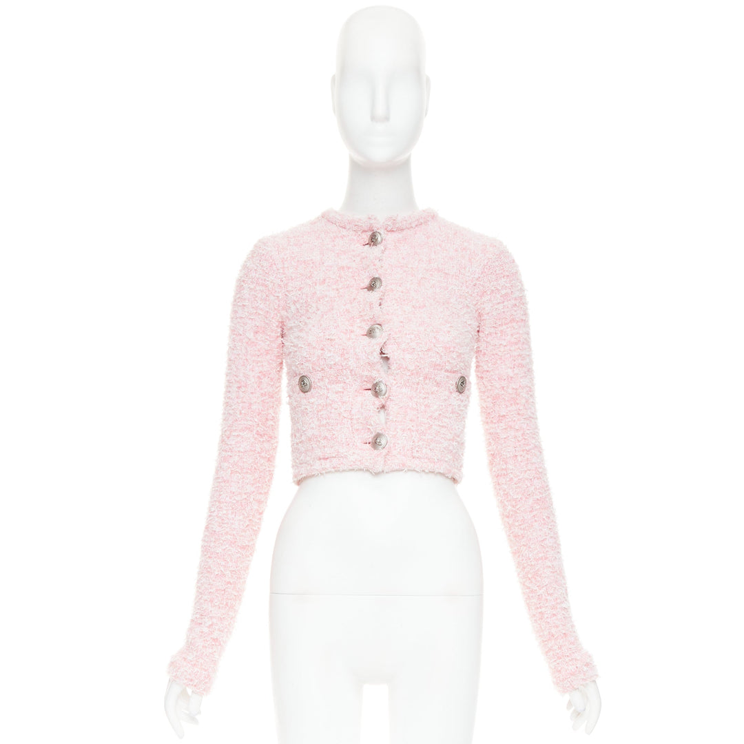 BALENCIAGA Demna 2024 pink cotton blend tweed BB logo cropped jacket XS