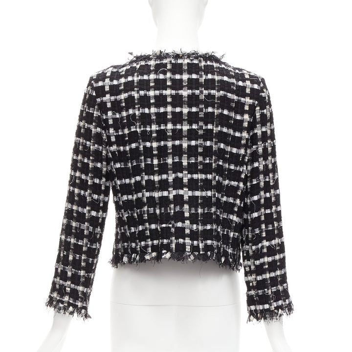 CHANEL black white raw frayed check tweed gripoix buttons cropped jacket FR40 L