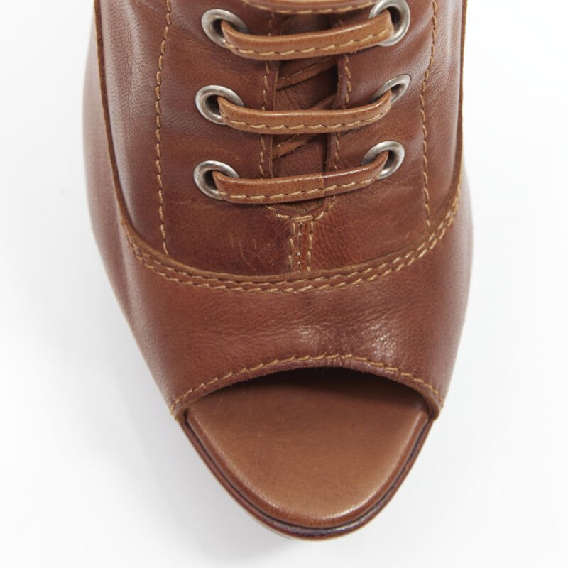 MIU MIU brown leather peep toe platform laced up high heel bootie EU37.5