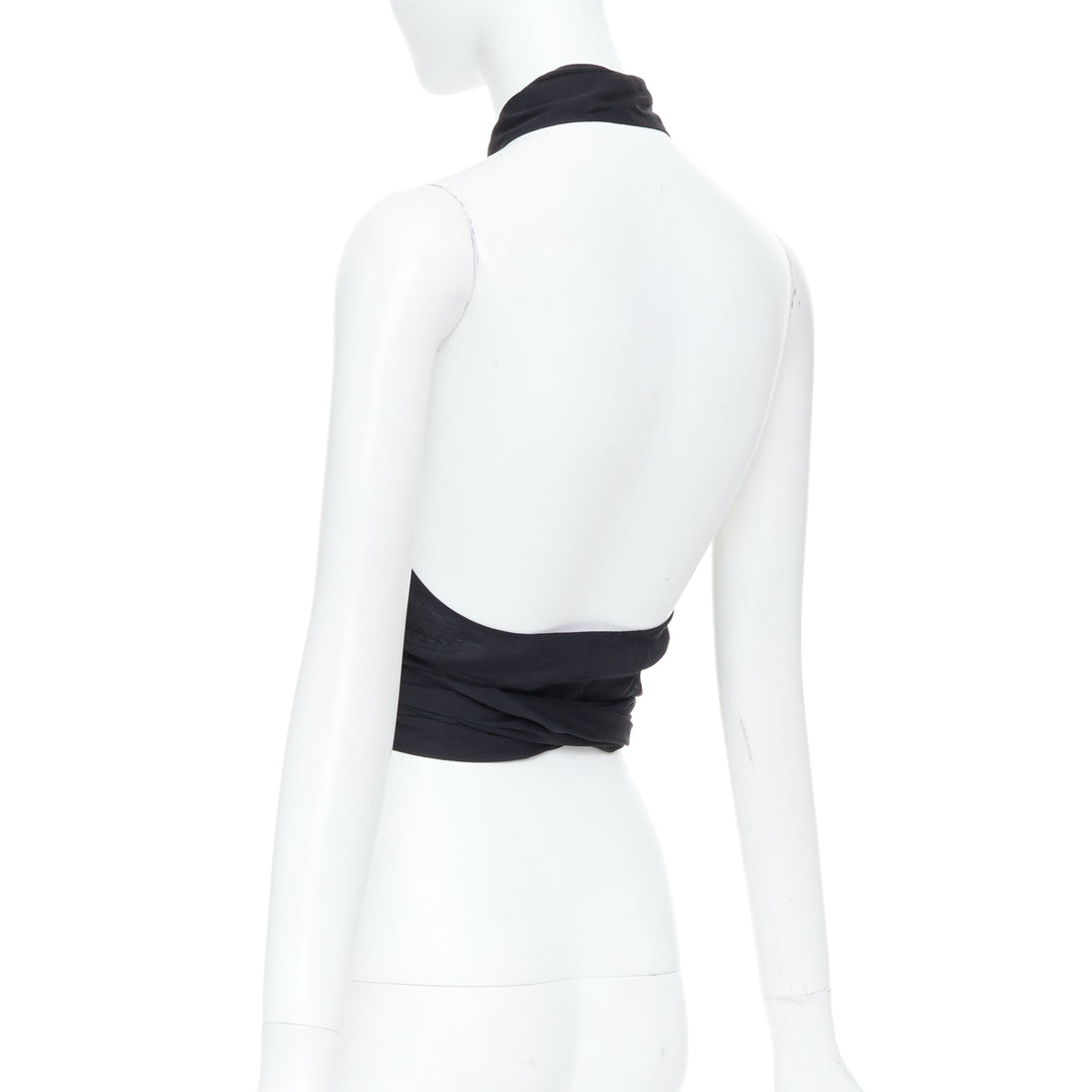 EMPORIO ARMANI black sheer silk chiffon halter wrap self tie top IT38 XS