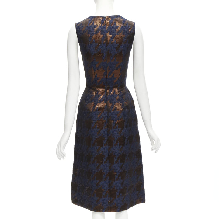 MARTIN GRANT metallic copper navy houndstooth jacquard midi dress FR34 XS