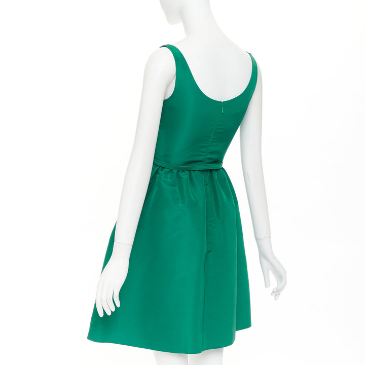 OSCAR DE LA RENTA 2017 green silk faille square neck belted flare dress IT40 S