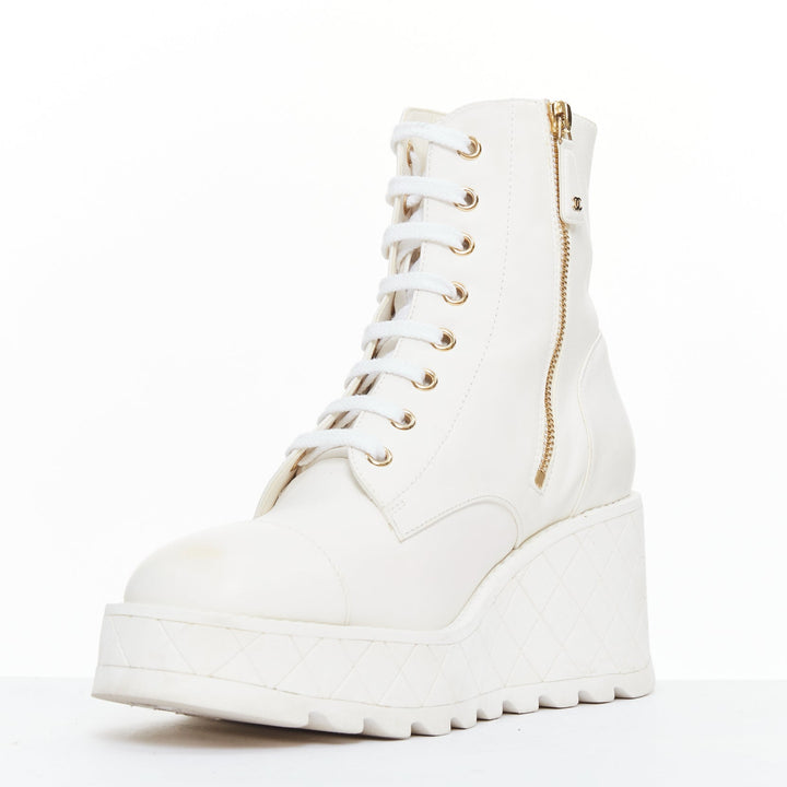CHANEL 2024 white leather CC logo grid platform lace up wedge boots EU39