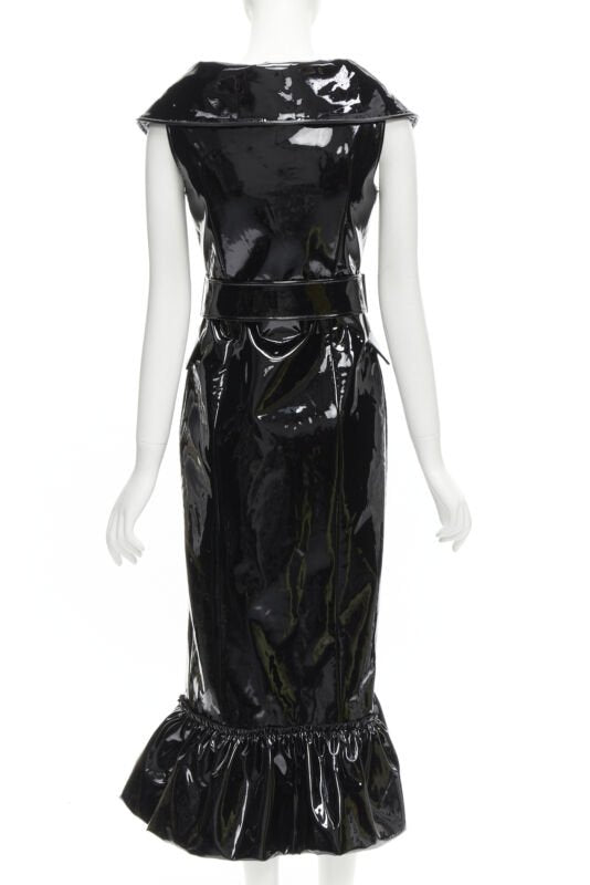 rare HUISHAN ZHANG black shiney vinyl PVC belted flared hem coat dress US2 XS