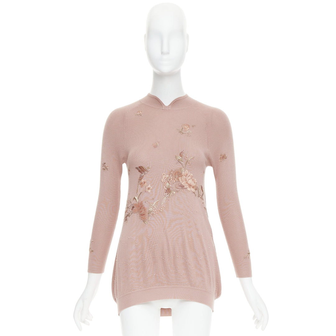 SHIATZY CHEN dusty pink modal oriental embroidery qipao collar sweater IT40 S