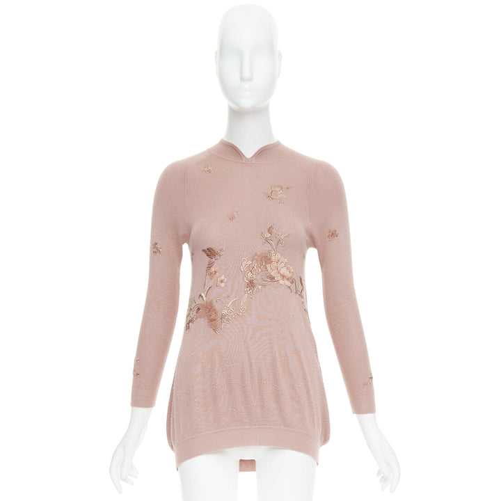SHIATZY CHEN dusty pink modal oriental embroidery qipao collar sweater IT40 S