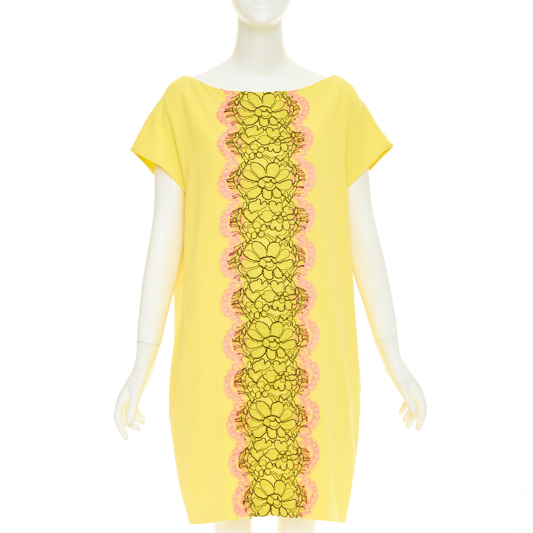 MOSCHINO  yellow pink triacetate floral lace applique shift dress IT42 M