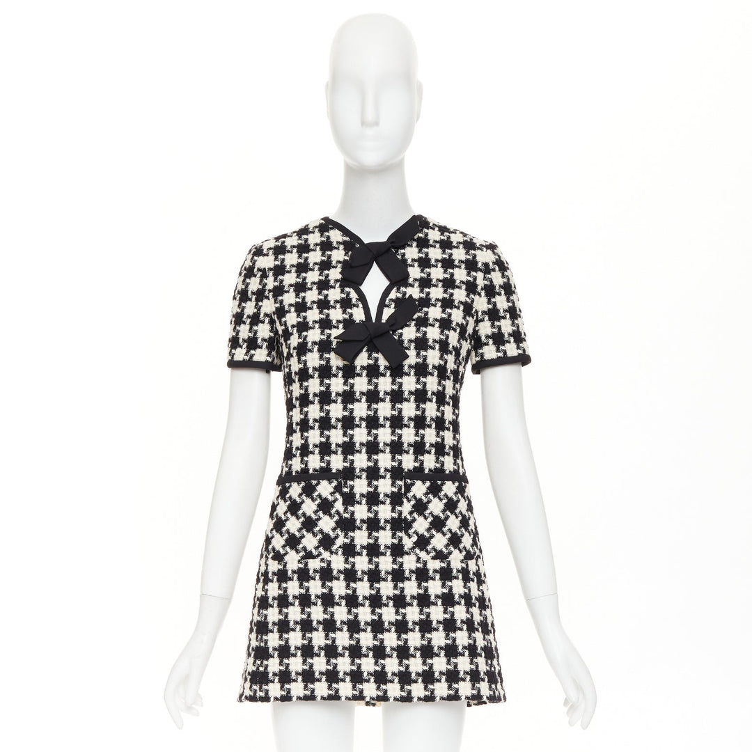 VALENTINO 2024 black white houndstooth tweed cutout bow mini dress IT40 S