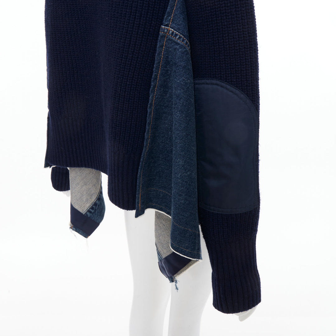 SACAI 2020 Denim Knit Hybrid asymmetric raw hem blue cotton jacket JP2 M