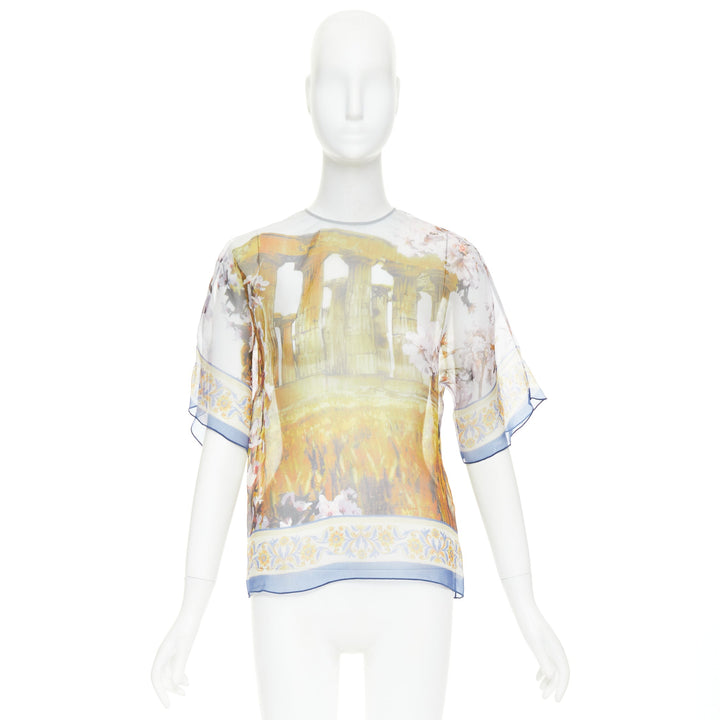 DOLCE GABBANA 100% silk sheer Rome Ruins floral print keyhole top IT36 XXS