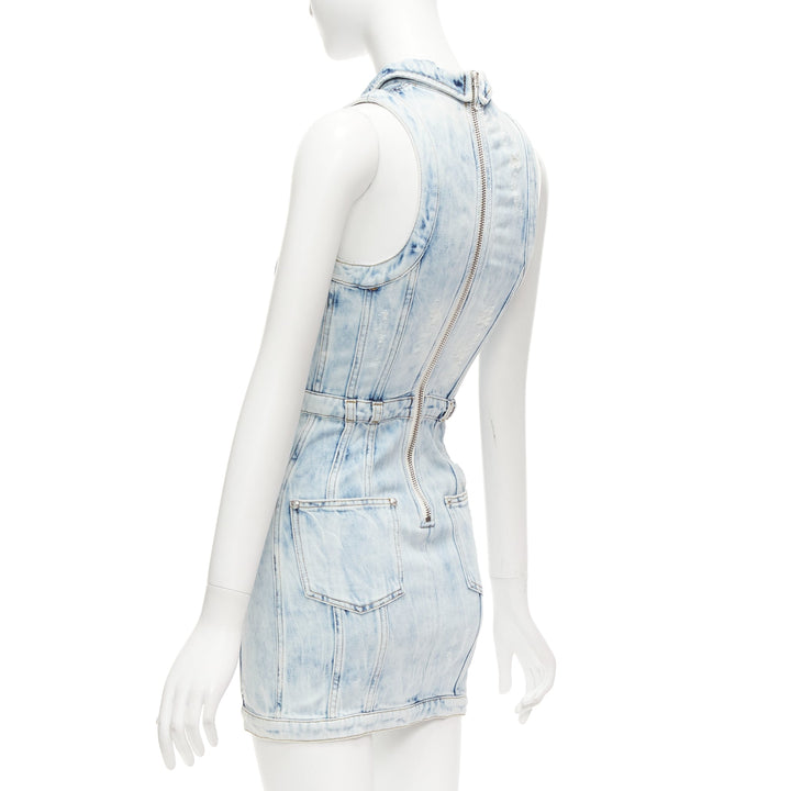 BALMAIN faded blue distressed denim silver buttons 4 pocket fitted dress FR34 XS
