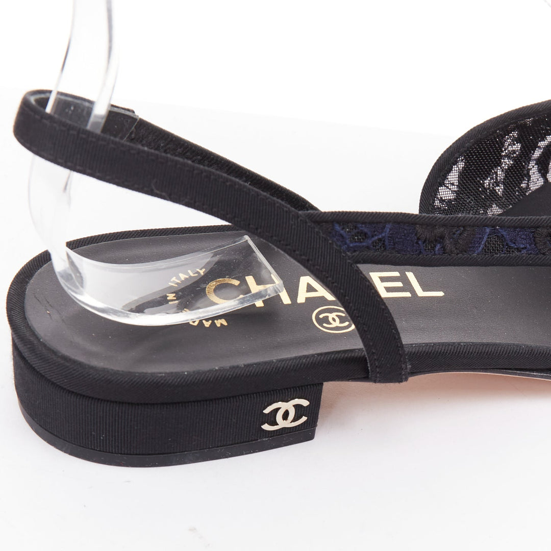 CHANEL navy black lace silver CC logo lace grosgrain slingback ballet flat