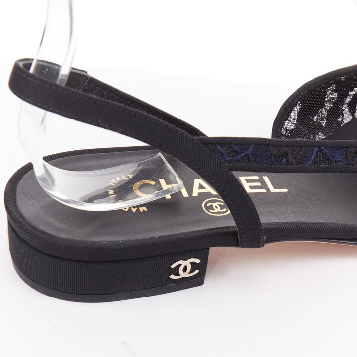 CHANEL navy black lace silver CC logo lace grosgrain slingback ballet flat