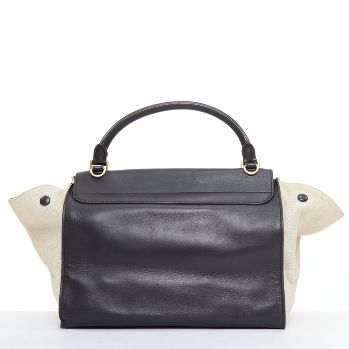 CELINE Trapeze black smooth leather cream canvas crossbody satchel bag