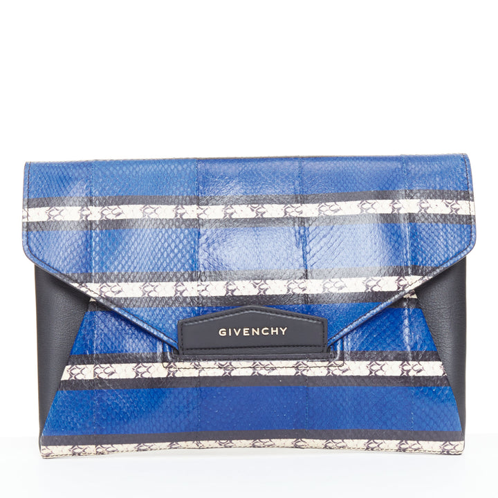 GIVENCHY Antigona Envelope blue striped elaphe scaled leather flap clutch bag