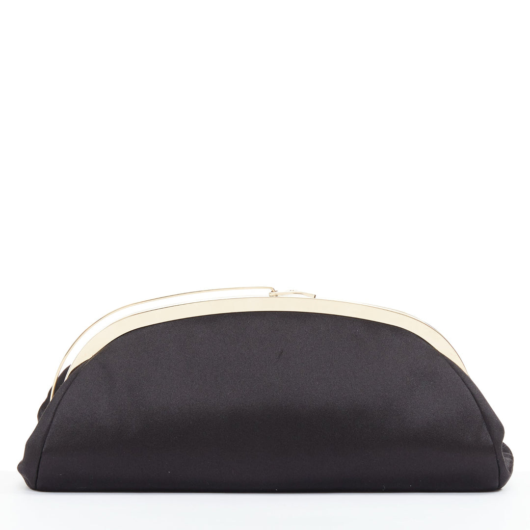 CHANEL Vintage black satin gold frame slide lock half moon evening clutch bag