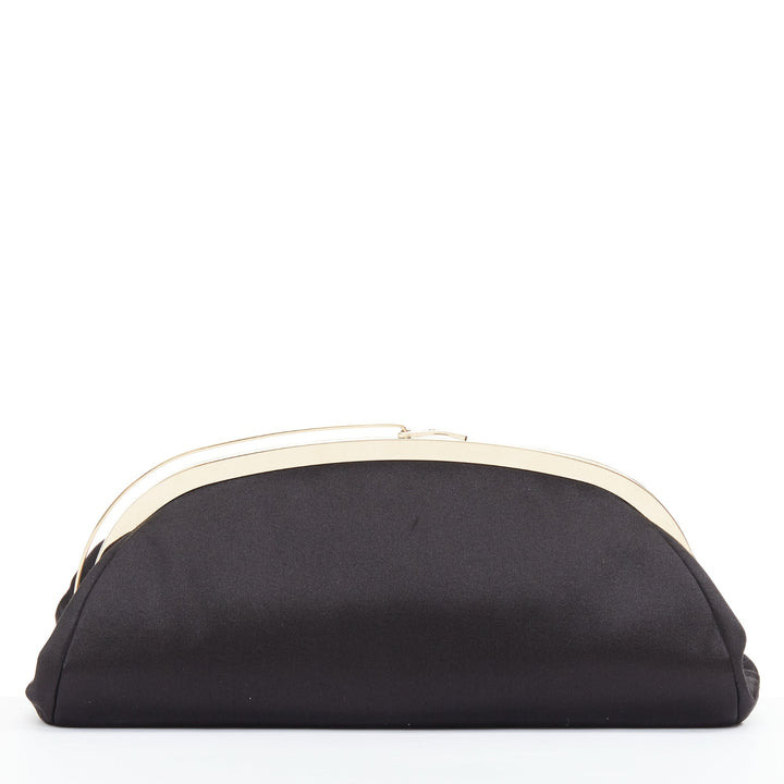 CHANEL Vintage black satin gold frame slide lock half moon evening clutch bag