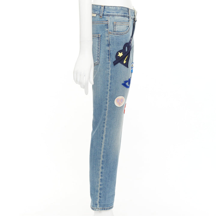 STELLA MCCARTNEY 2015 colorful music notes patch blue crop jeans 25"