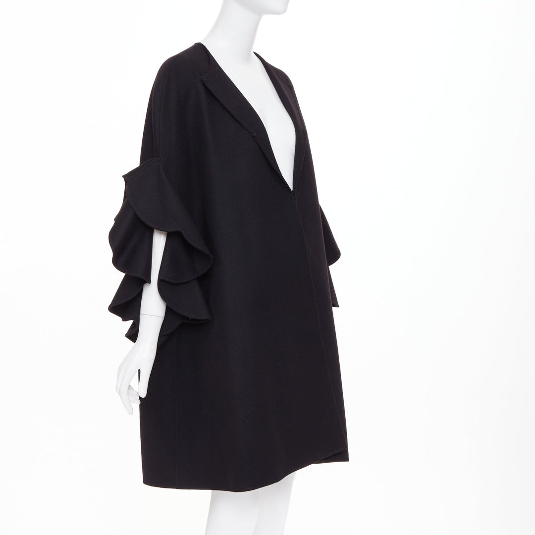 VALENTINO black virgin wool cashmere blend tiered ruffle sleeve overcoat IT46 XL