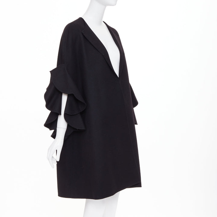 VALENTINO black virgin wool cashmere blend tiered ruffle sleeve overcoat IT46 XL