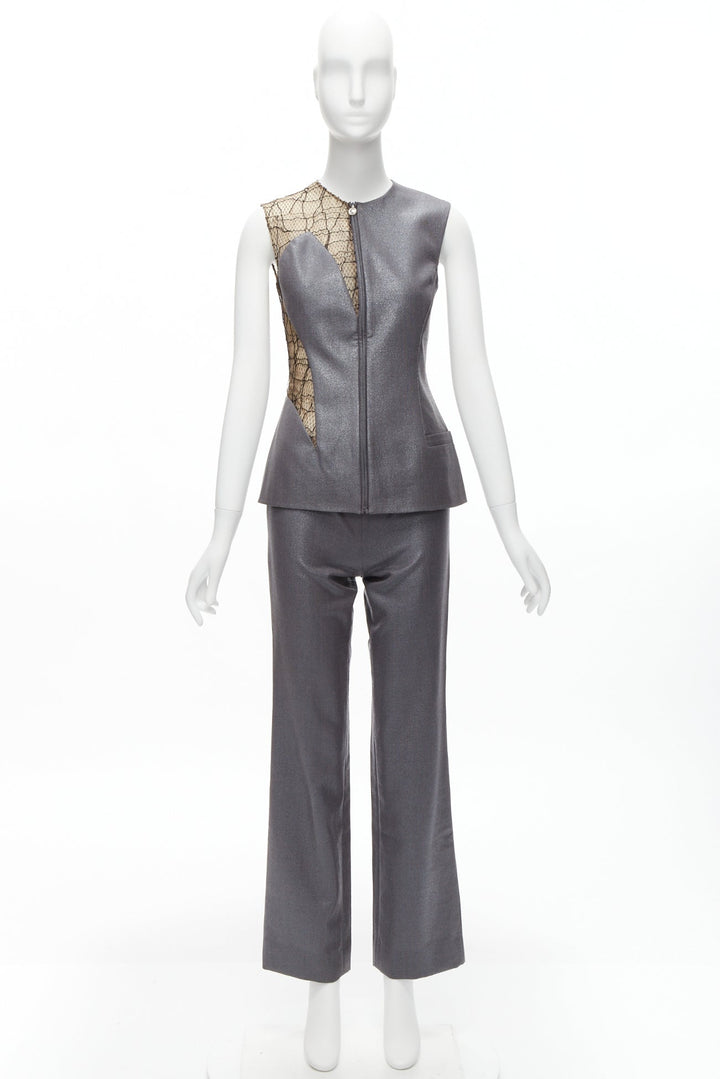 GIANNI VERSACE Vintage Runway grey nude lace mesh illusion vest pants IT38 XS