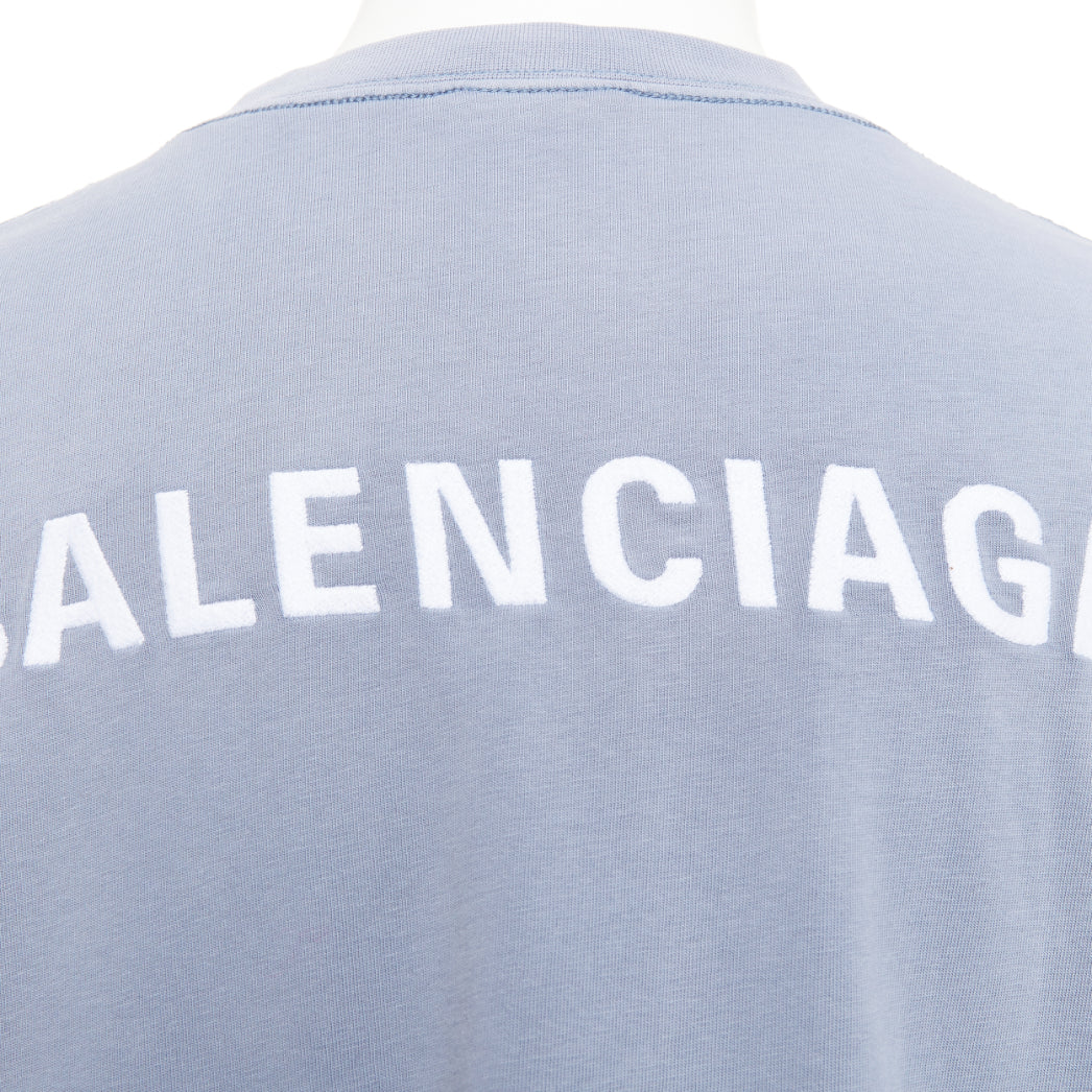 BALENCIAGA 2020 100% wool washed blue logo print crew neck oversized tshirt M