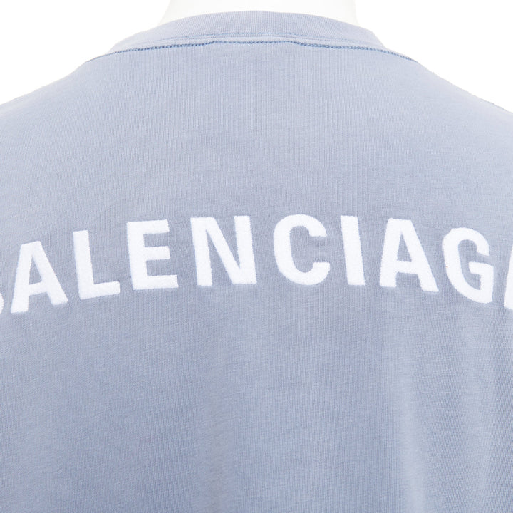 BALENCIAGA 2020 100% wool washed blue logo print crew neck oversized tshirt M