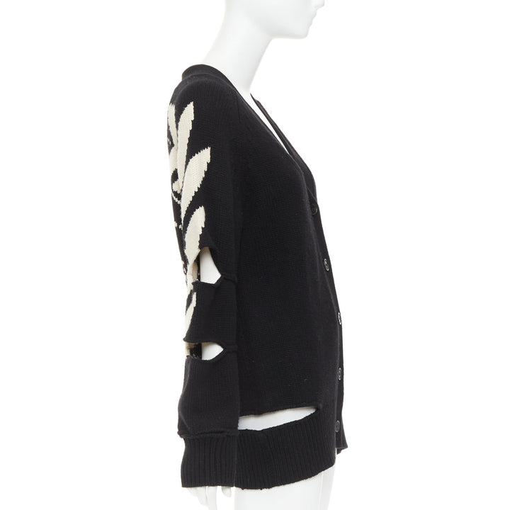 BURBERRY Nyla black cream merino wool cashmere logo intarsia cut out cardigan S