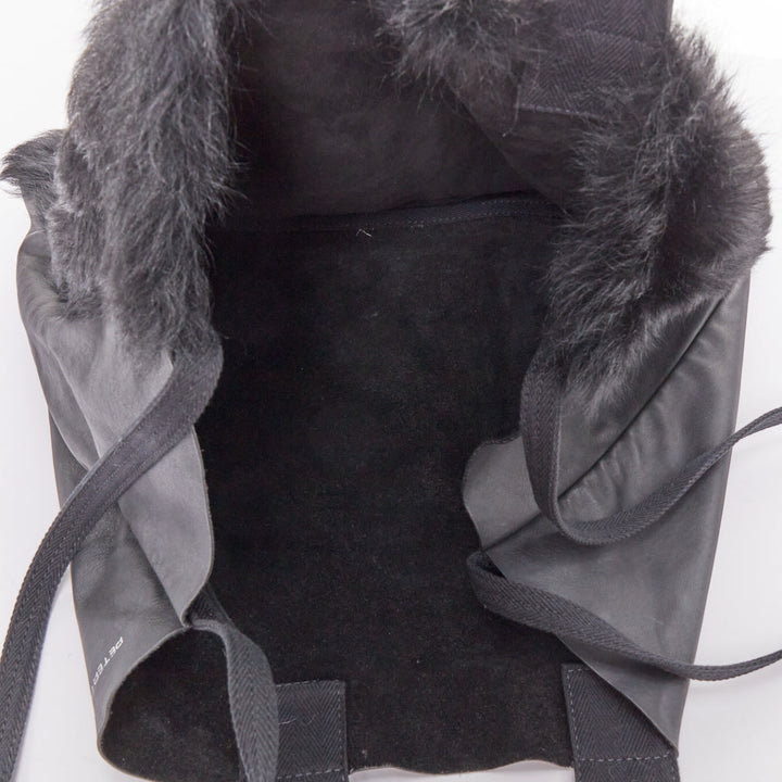 PETER DO black shearling fur supple soft leather white logo shoulder tote bag