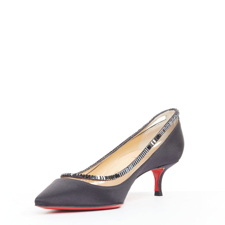 CHRISTIAN LOUBOUTIN Paulina Strass 45 black satin baguette crystal kitten EU37.5