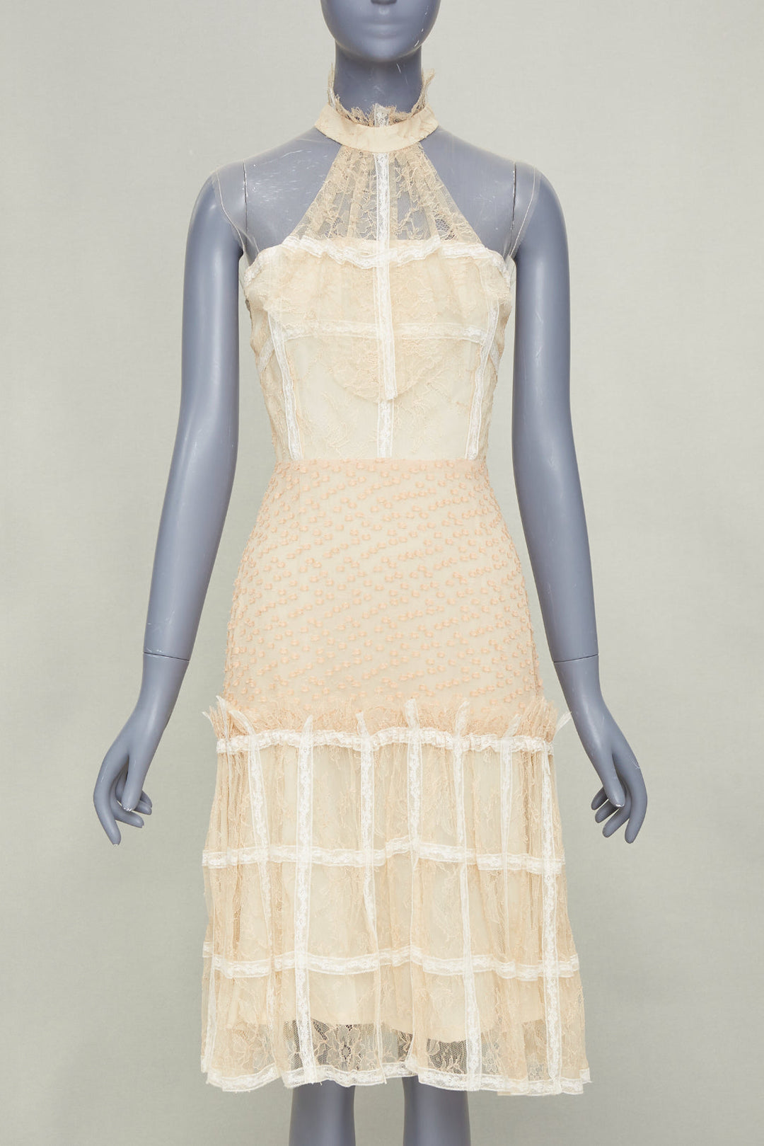 rare RODARTE 2017 halter ruffled panel lace cream beige midi dress US2 XS