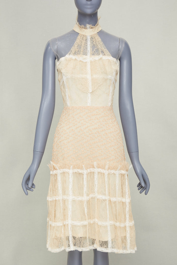 rare RODARTE 2017 halter ruffled panel lace cream beige midi dress US2 XS