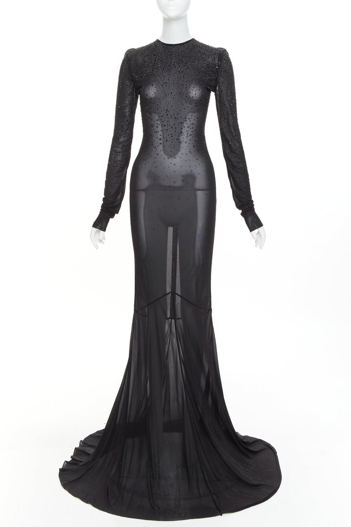 ALEXANDRE VAUTHIER black sheer degrade crystal long sleeve long train gown dress