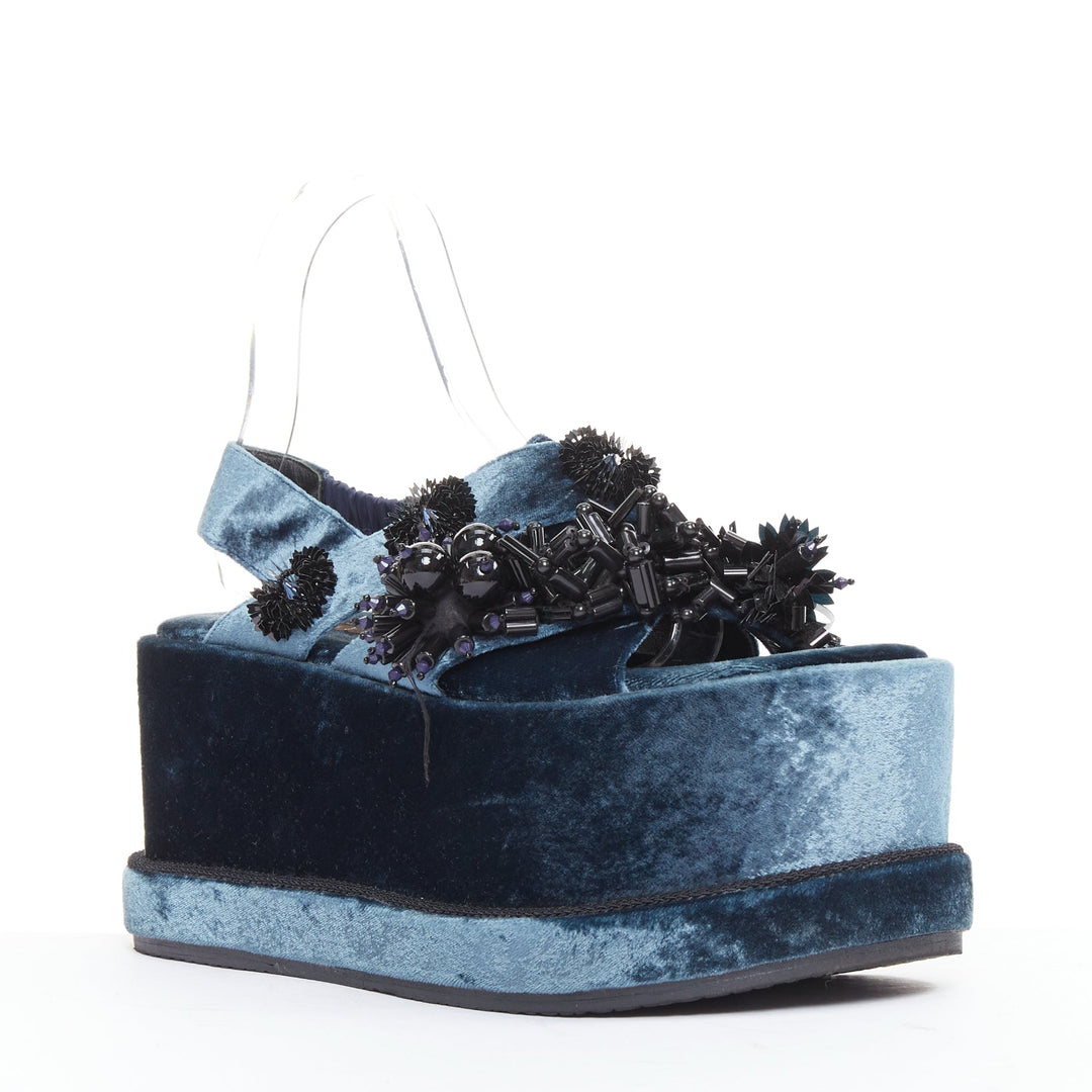 BIYAN blue velvet black beads sequin embellished platform wedges shoes EU39