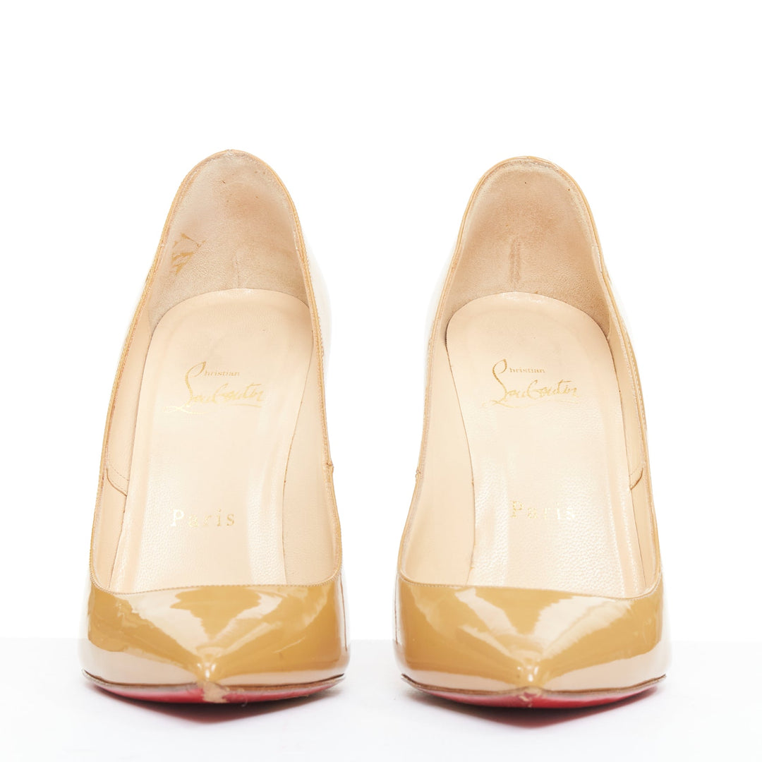 CHRISTIAN LOUBOUTIN So KAte beige tan patent point toe stiletto pumps EU37.5