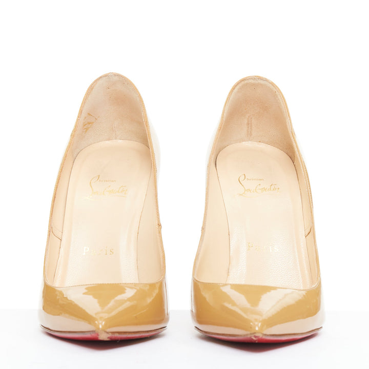 CHRISTIAN LOUBOUTIN So KAte beige tan patent point toe stiletto pumps EU37.5
