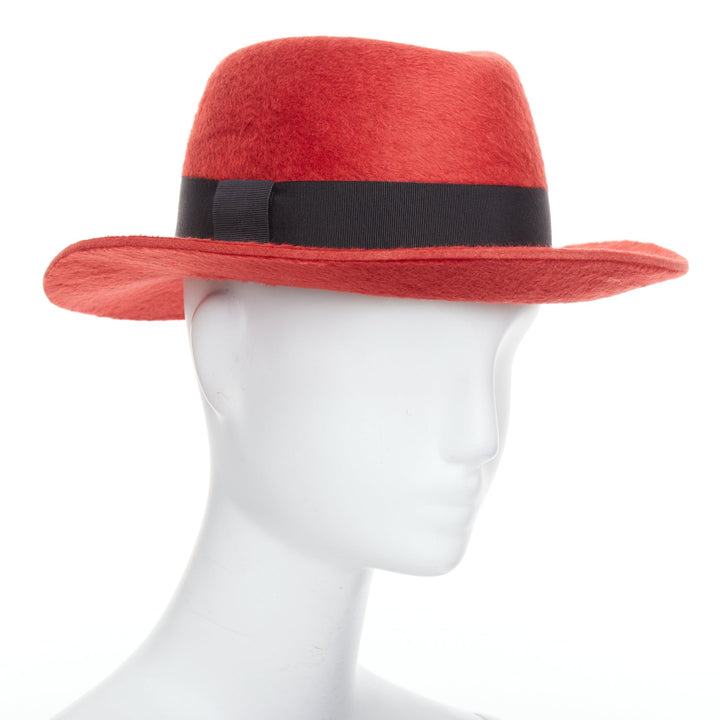 SAINT LAURENT red rabbit felt black grosgrain leather lined fedora hat